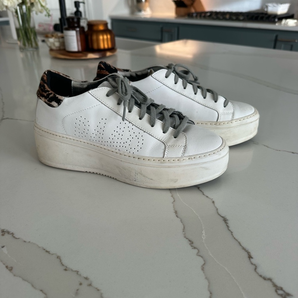 Women’s P448 - White Platform Sneakers with Leopard Accent